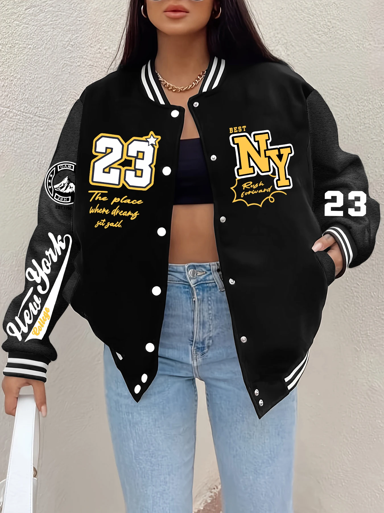 New York Art Letter 23 Printed Women Jacket Harajuku Fleece Baseball Jersey Button Personality Streetwear Vintage Loose Clothing
