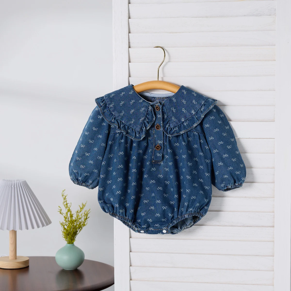 Spring Big Lapel Cowboy Long-Sleeved Triangle Onesie Bow Print Casual Baby Girls Climbing Clothes Ha Clothes