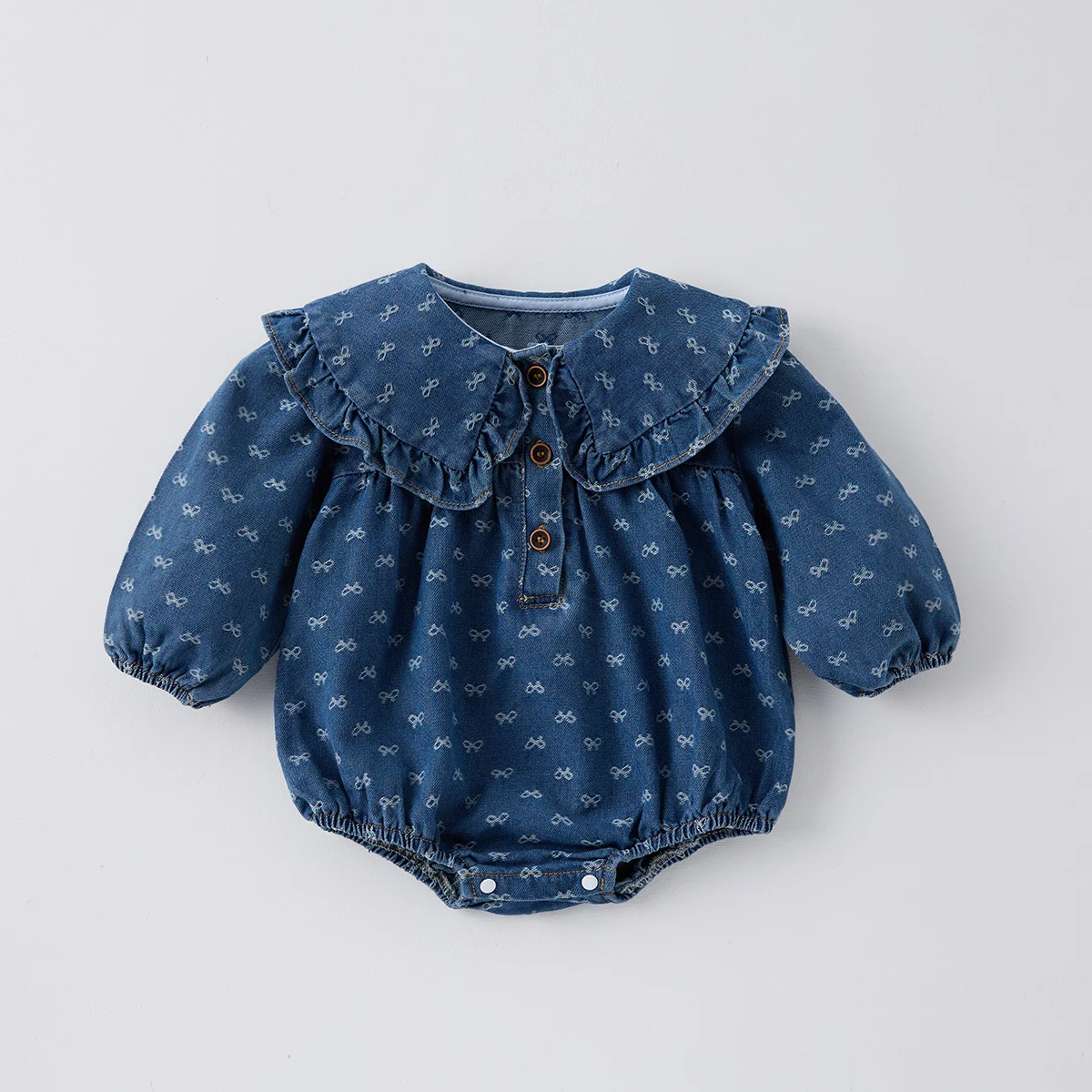 Spring Big Lapel Cowboy Long-Sleeved Triangle Onesie Bow Print Casual Baby Girls Climbing Clothes Ha Clothes