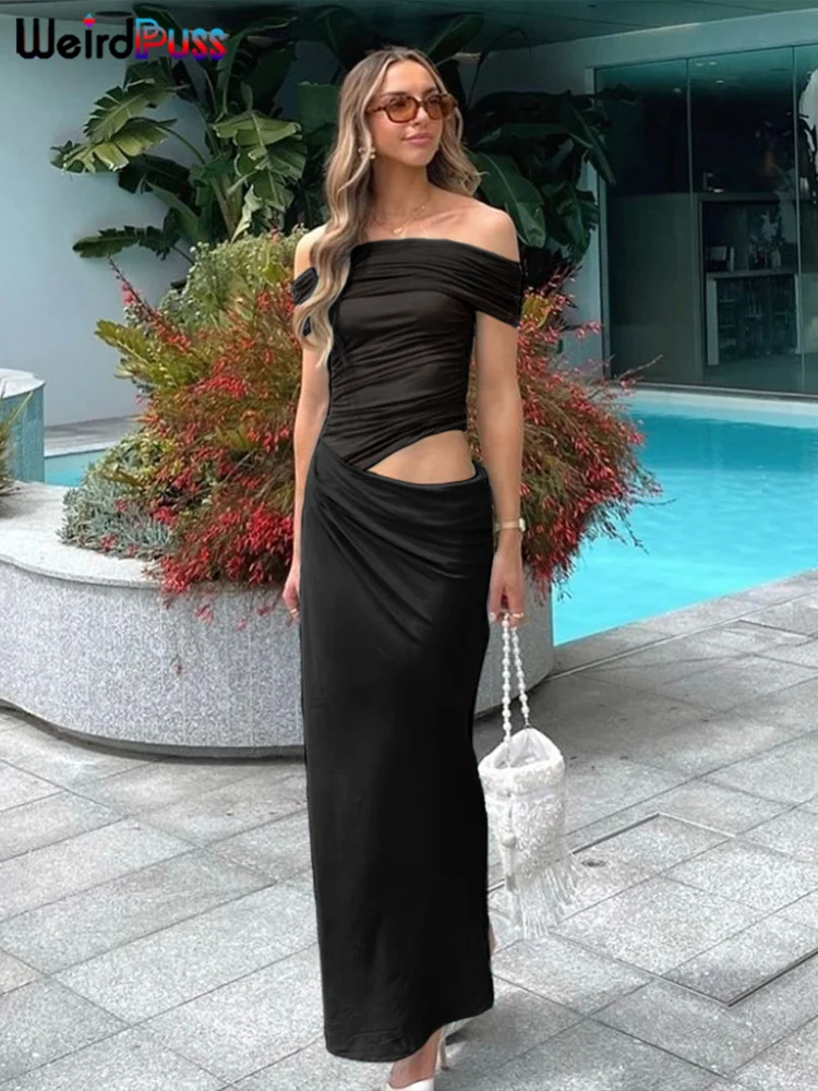 Weird Puss Ruched Irregular Dress Women Mesh Patchwork Slash Neck Short Sleeve Skinny Stretch Trend Elegant Long Bodycon Outfits