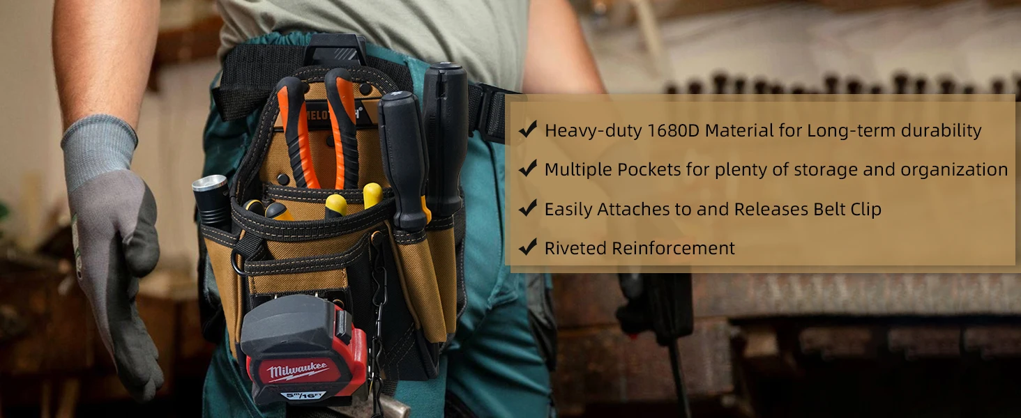 MELOTOUGH Small Electrician Tool Pouch Tool Belt Pouch with Belt Clip Attachment 9 Pockets, Tape Thong, Great ElectricianHolster