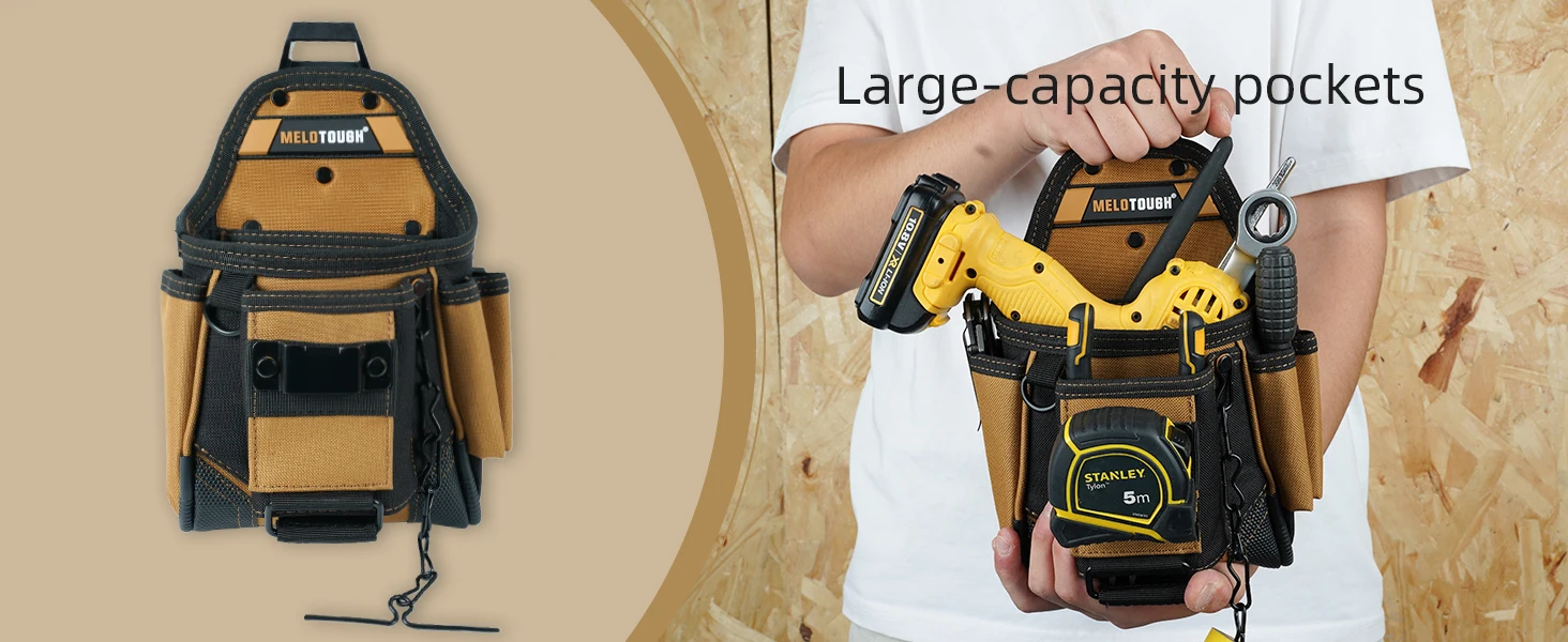 MELOTOUGH Small Electrician Tool Pouch Tool Belt Pouch with Belt Clip Attachment 9 Pockets, Tape Thong, Great ElectricianHolster