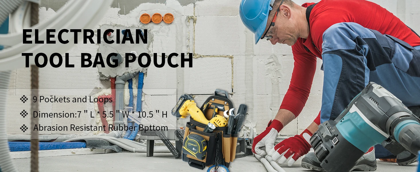 MELOTOUGH Small Electrician Tool Pouch Tool Belt Pouch with Belt Clip Attachment 9 Pockets, Tape Thong, Great ElectricianHolster