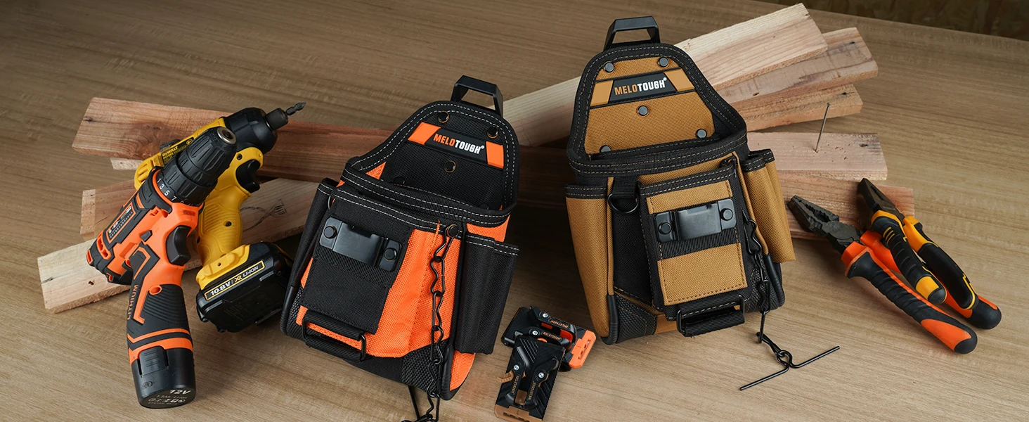 MELOTOUGH Small Electrician Tool Pouch Tool Belt Pouch with Belt Clip Attachment 9 Pockets, Tape Thong, Great ElectricianHolster