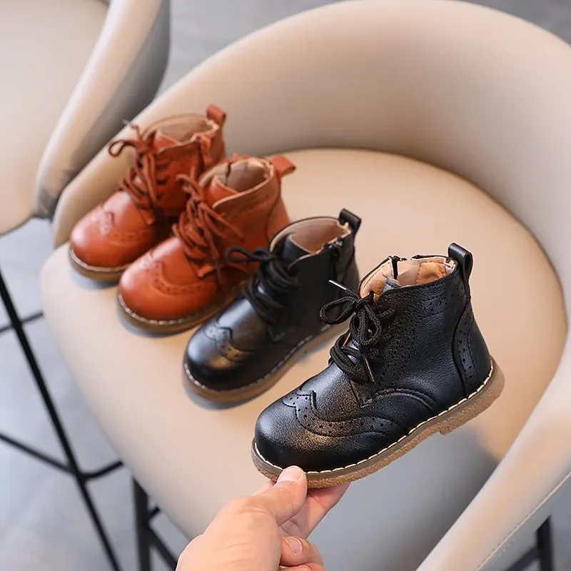 Children Boots British Style Fretwork Pu Leather Brown Black Boys Girls Short Boot 21-30 Toddler Zipper Solid Color Kids Shoes
