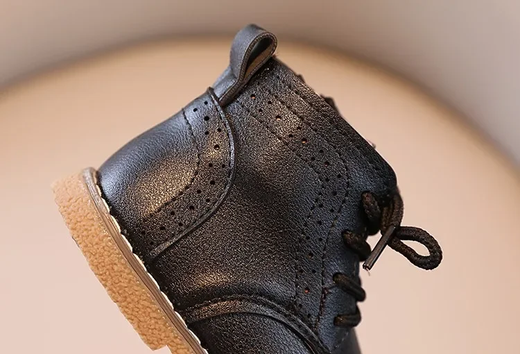 Children Boots British Style Fretwork Pu Leather Brown Black Boys Girls Short Boot 21-30 Toddler Zipper Solid Color Kids Shoes