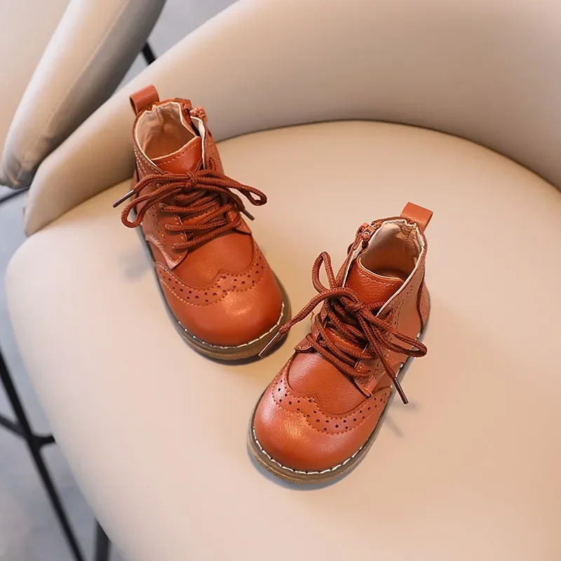 Children Boots British Style Fretwork Pu Leather Brown Black Boys Girls Short Boot 21-30 Toddler Zipper Solid Color Kids Shoes