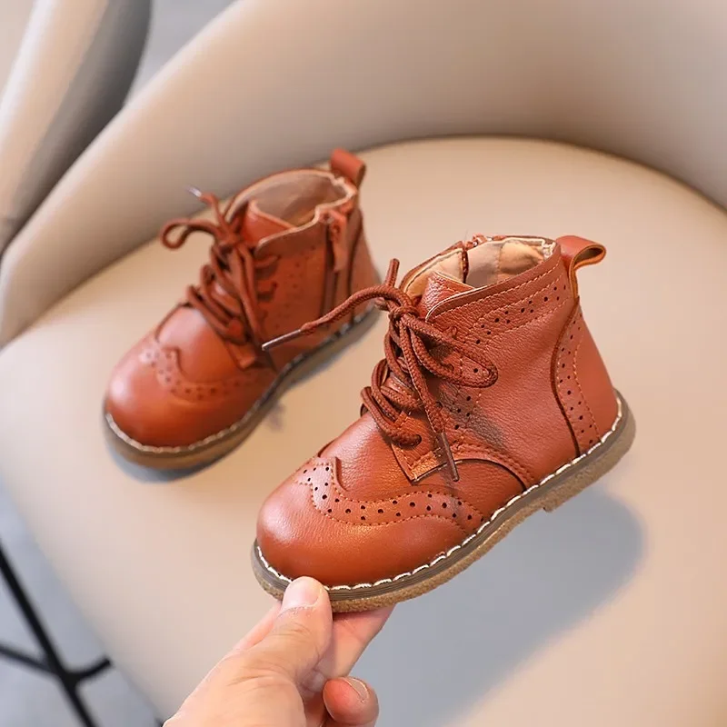 Children Boots British Style Fretwork Pu Leather Brown Black Boys Girls Short Boot 21-30 Toddler Zipper Solid Color Kids Shoes