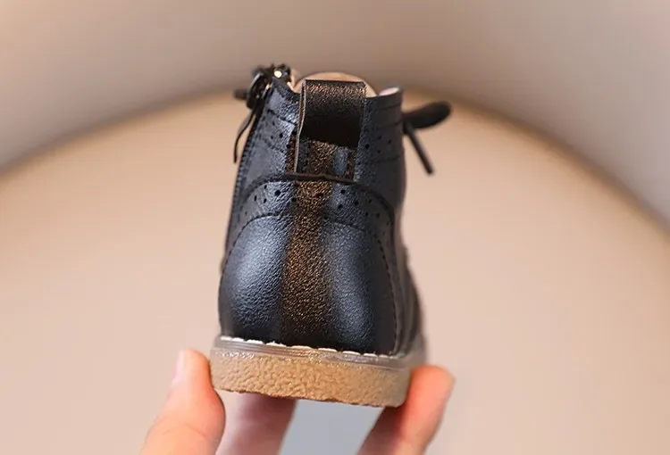 Children Boots British Style Fretwork Pu Leather Brown Black Boys Girls Short Boot 21-30 Toddler Zipper Solid Color Kids Shoes