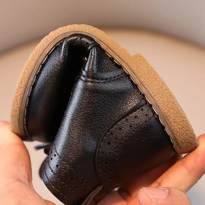 Children Boots British Style Fretwork Pu Leather Brown Black Boys Girls Short Boot 21-30 Toddler Zipper Solid Color Kids Shoes