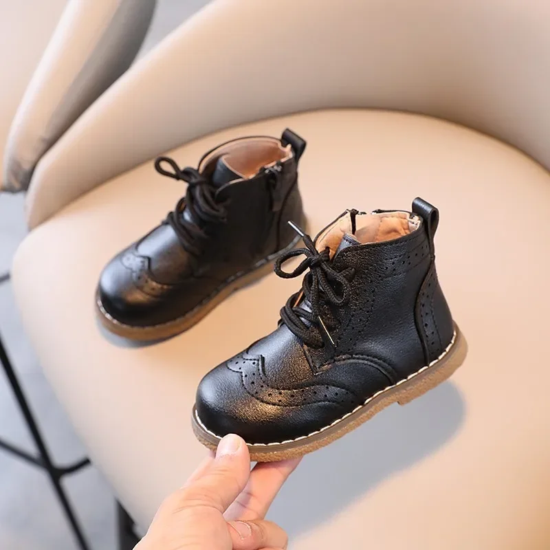 Children Boots British Style Fretwork Pu Leather Brown Black Boys Girls Short Boot 21-30 Toddler Zipper Solid Color Kids Shoes