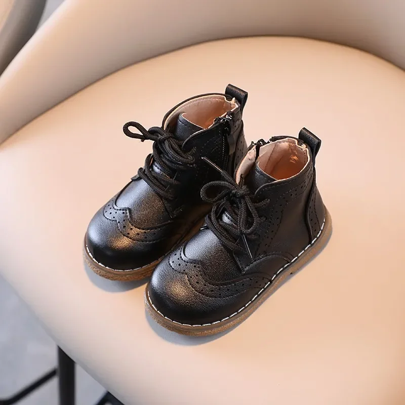 Children Boots British Style Fretwork Pu Leather Brown Black Boys Girls Short Boot 21-30 Toddler Zipper Solid Color Kids Shoes