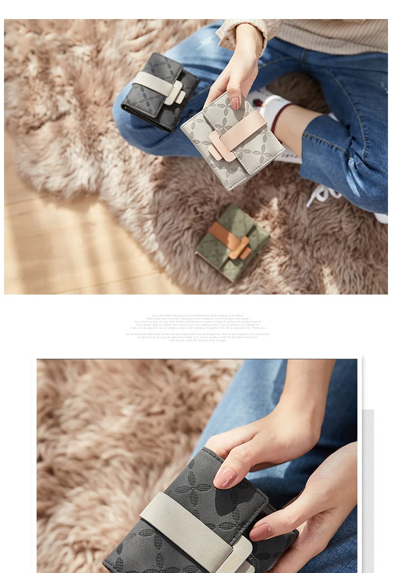 Purse for Female Korean PU Plaid Buckle Simple Multi-Card Folding Triple Fold Bag Large Capacity Student Ladies Daily Travel