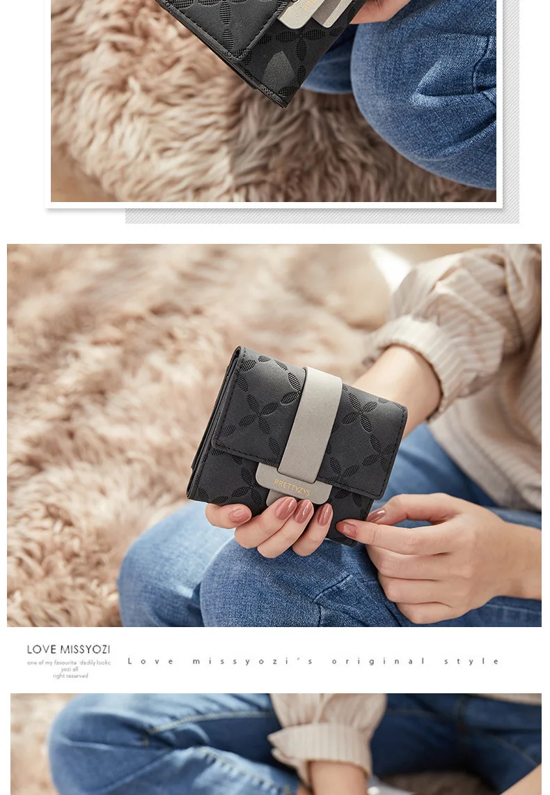 Purse for Female Korean PU Plaid Buckle Simple Multi-Card Folding Triple Fold Bag Large Capacity Student Ladies Daily Travel