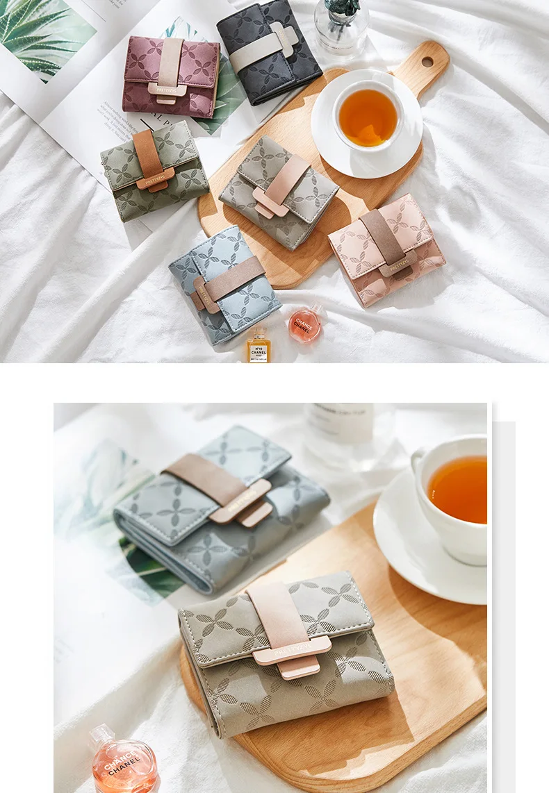 Purse for Female Korean PU Plaid Buckle Simple Multi-Card Folding Triple Fold Bag Large Capacity Student Ladies Daily Travel