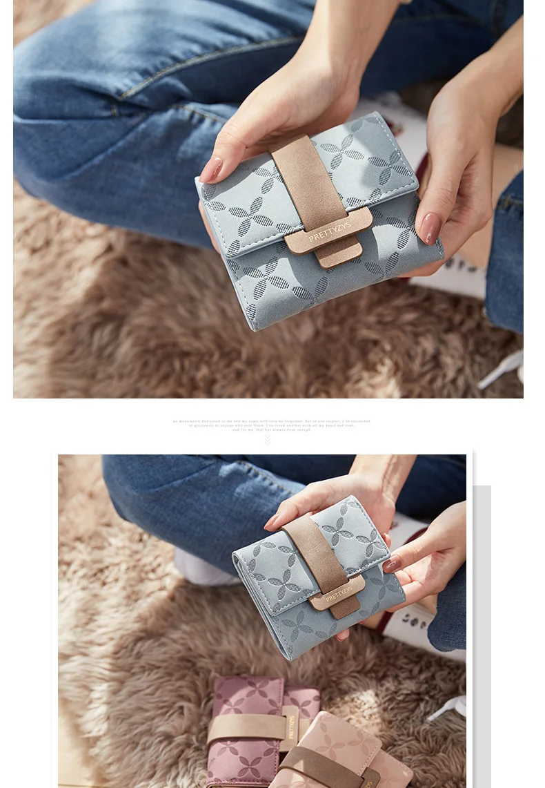 Purse for Female Korean PU Plaid Buckle Simple Multi-Card Folding Triple Fold Bag Large Capacity Student Ladies Daily Travel