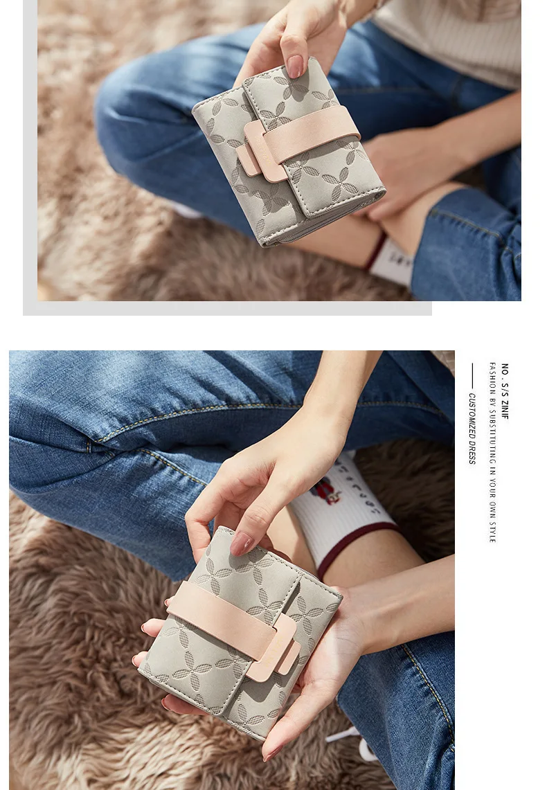 Purse for Female Korean PU Plaid Buckle Simple Multi-Card Folding Triple Fold Bag Large Capacity Student Ladies Daily Travel