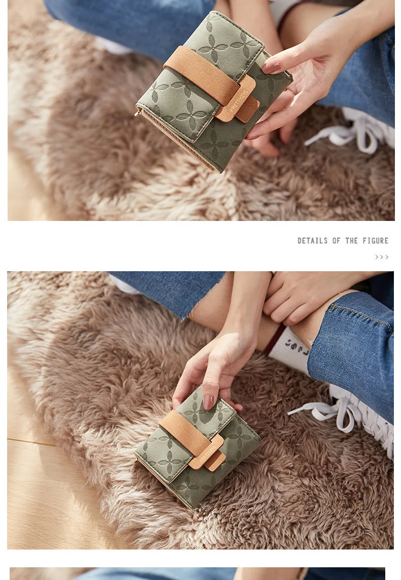 Purse for Female Korean PU Plaid Buckle Simple Multi-Card Folding Triple Fold Bag Large Capacity Student Ladies Daily Travel