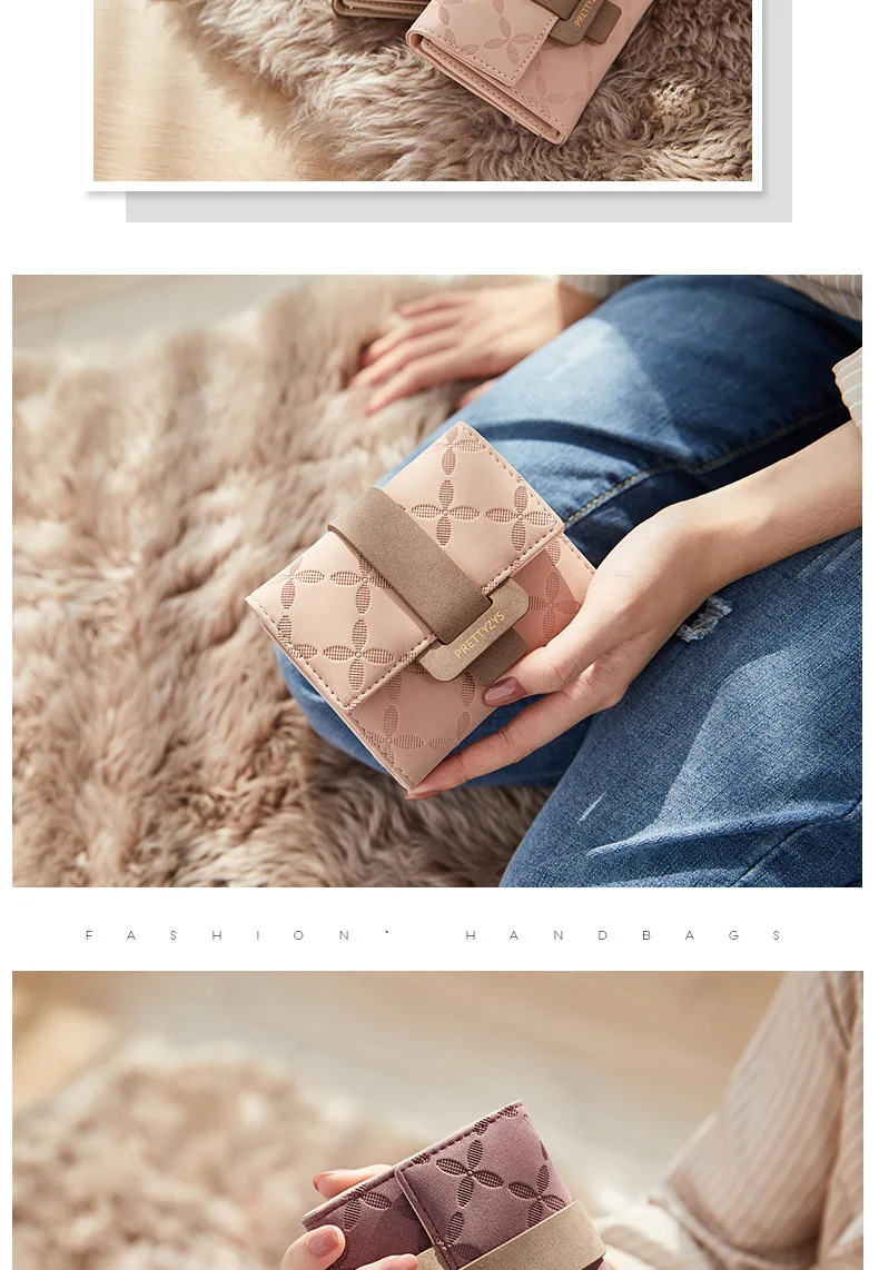 Purse for Female Korean PU Plaid Buckle Simple Multi-Card Folding Triple Fold Bag Large Capacity Student Ladies Daily Travel