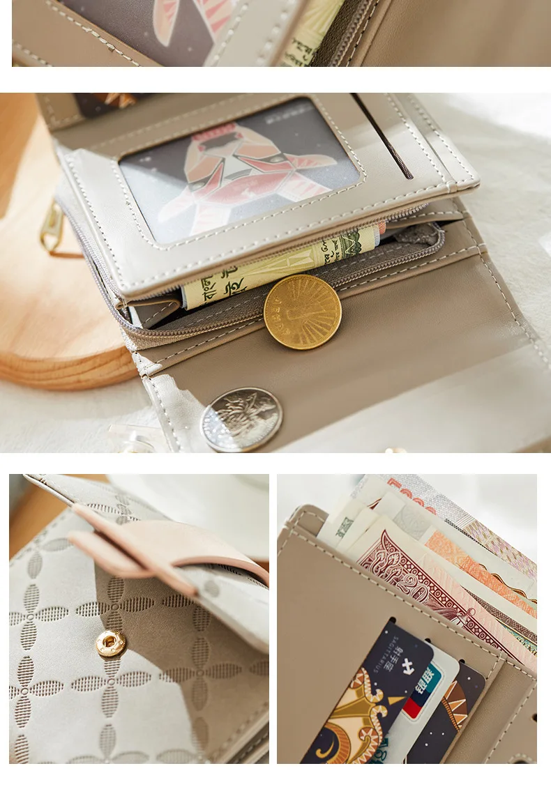 Purse for Female Korean PU Plaid Buckle Simple Multi-Card Folding Triple Fold Bag Large Capacity Student Ladies Daily Travel