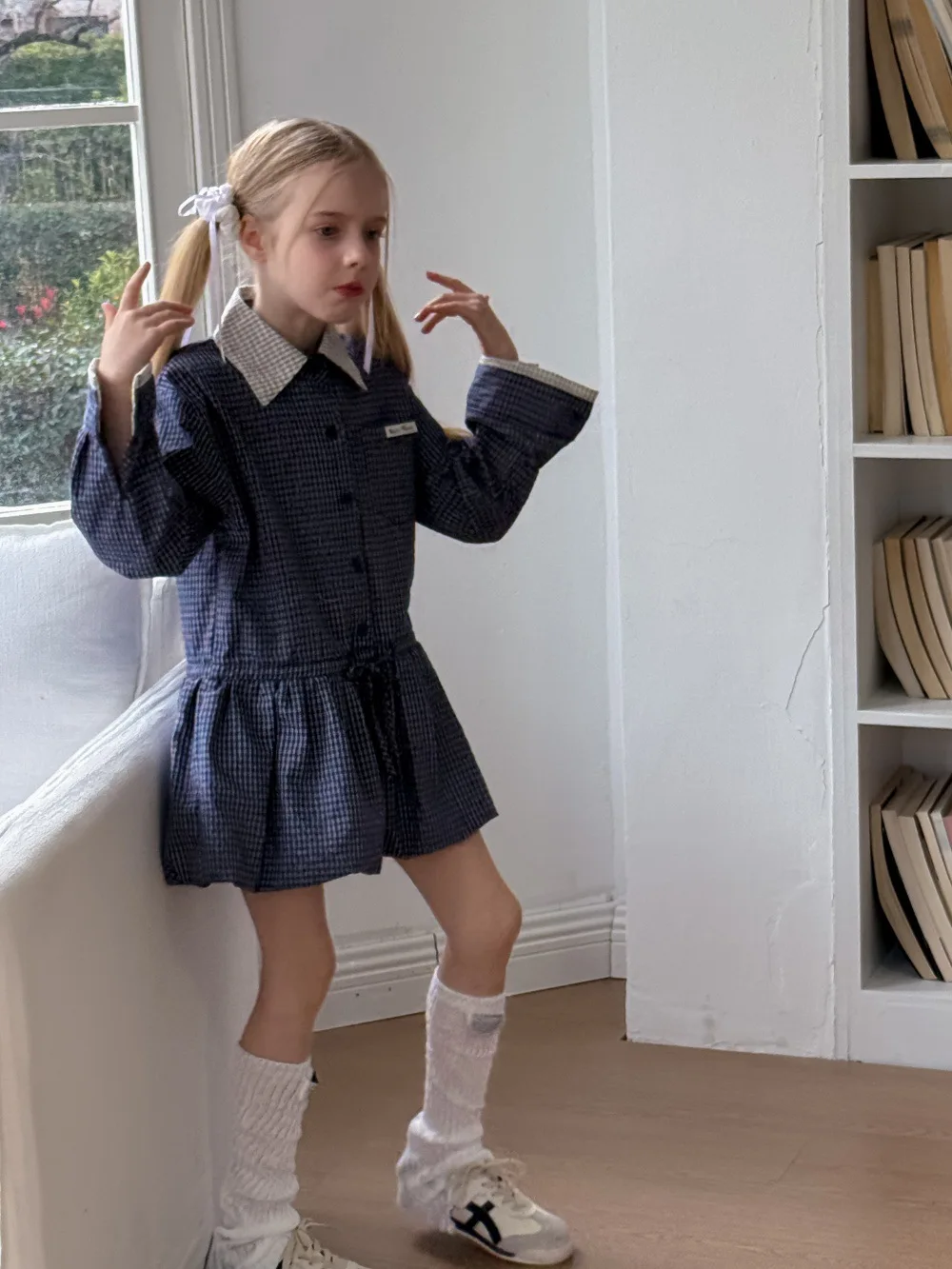 Shirt Dress 2025 Spring New Korean Fashion Doll Neck Long Sleeve Retro Plaid Shirt Dress Kids Clothes Girls