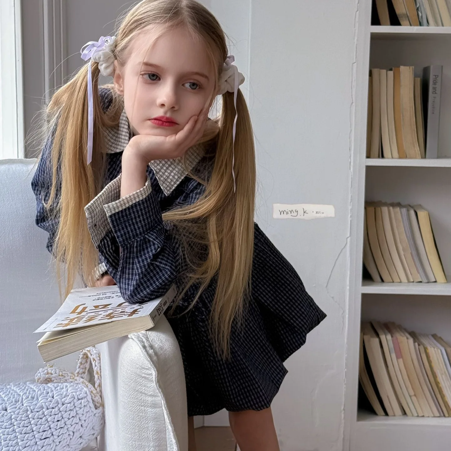 Shirt Dress 2025 Spring New Korean Fashion Doll Neck Long Sleeve Retro Plaid Shirt Dress Kids Clothes Girls