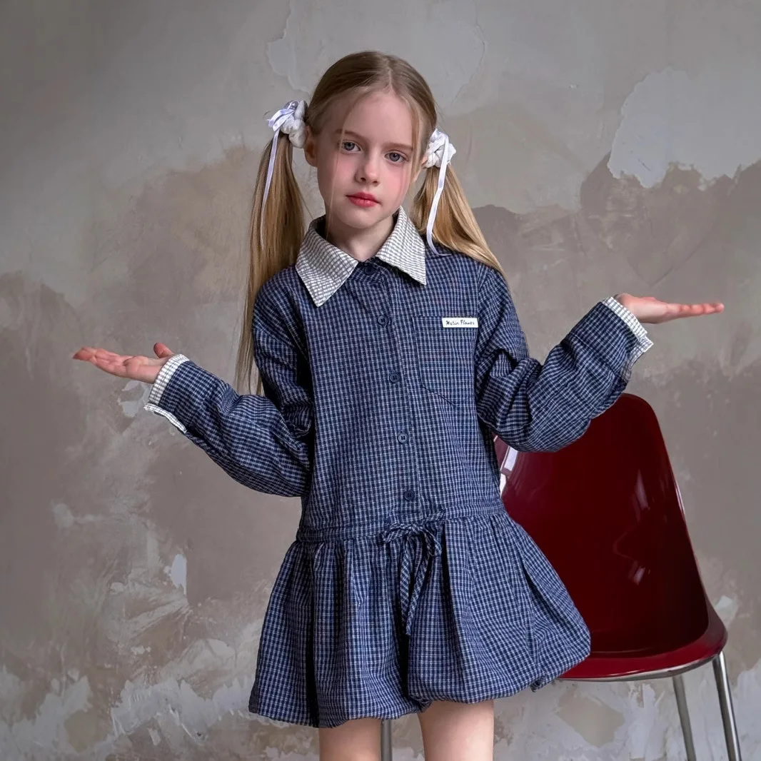 Shirt Dress 2025 Spring New Korean Fashion Doll Neck Long Sleeve Retro Plaid Shirt Dress Kids Clothes Girls