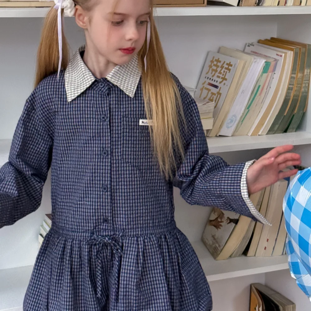 Shirt Dress 2025 Spring New Korean Fashion Doll Neck Long Sleeve Retro Plaid Shirt Dress Kids Clothes Girls