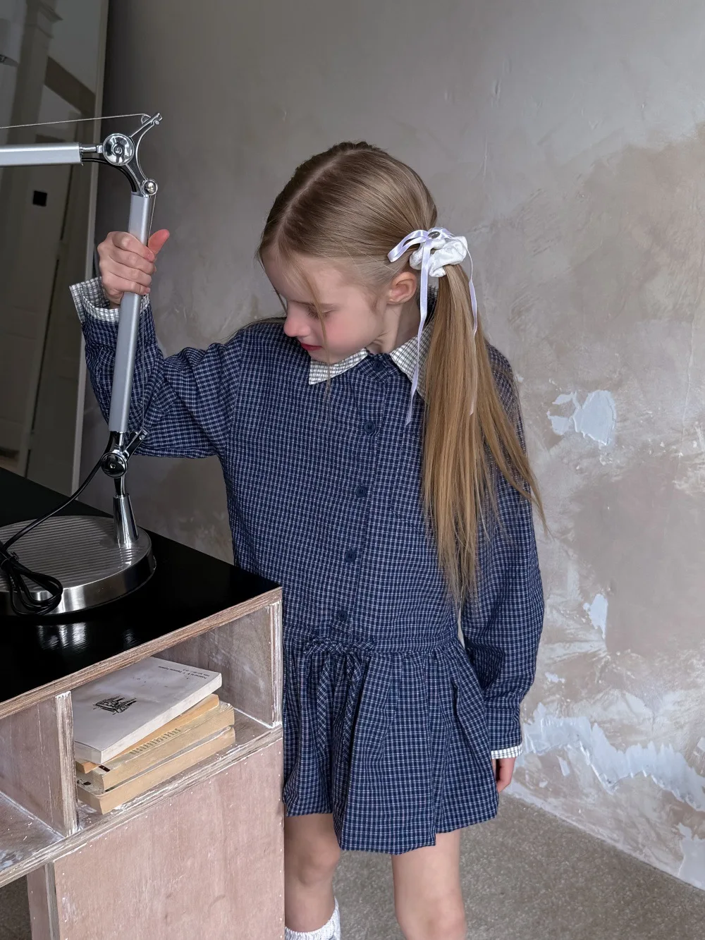 Shirt Dress 2025 Spring New Korean Fashion Doll Neck Long Sleeve Retro Plaid Shirt Dress Kids Clothes Girls