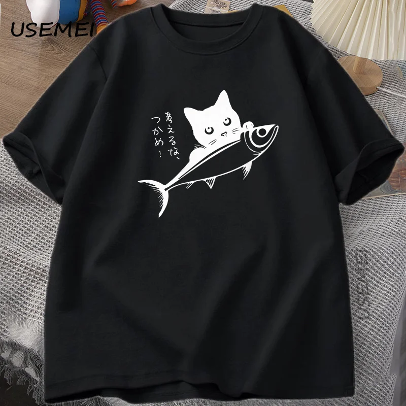 Black Cat T-Shirt Funny Japanese Fish Tshirt Kawaii Cat Lover T Shirt Women Men Graphic T Shirts Summer Cotton Tops Clothing