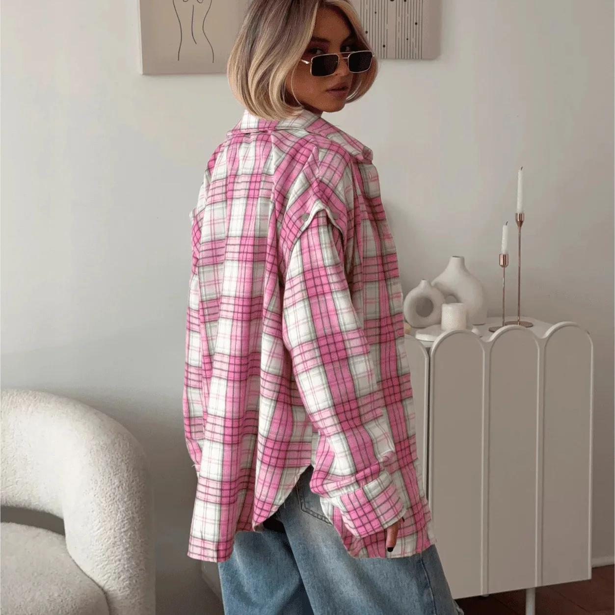 Tossy Casual Printed Patchwork Shirts Top Female Patchwork Lapel Loose Contrast Long Sleeve Elegant Coat For Women Summer Top