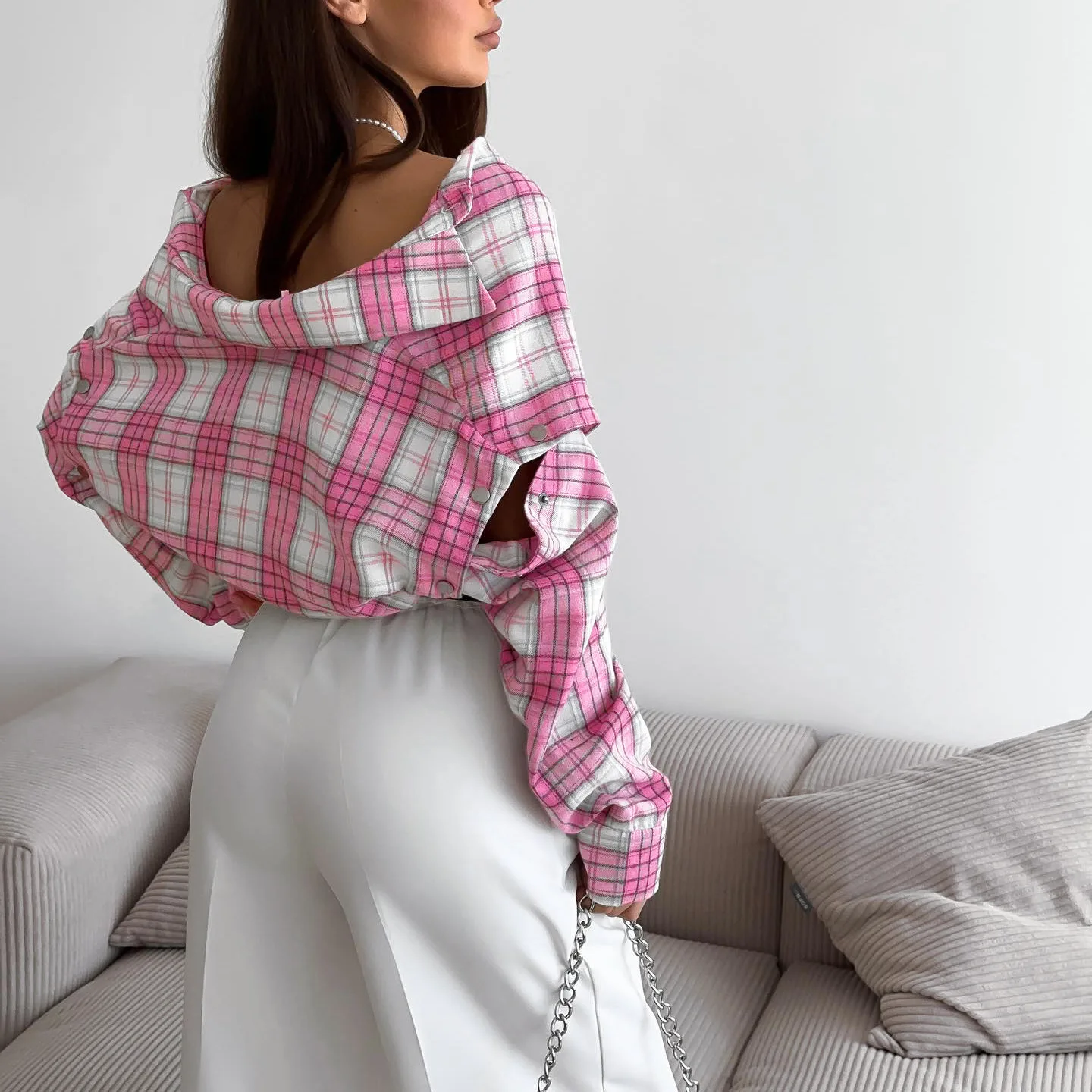 Tossy Casual Printed Patchwork Shirts Top Female Patchwork Lapel Loose Contrast Long Sleeve Elegant Coat For Women Summer Top