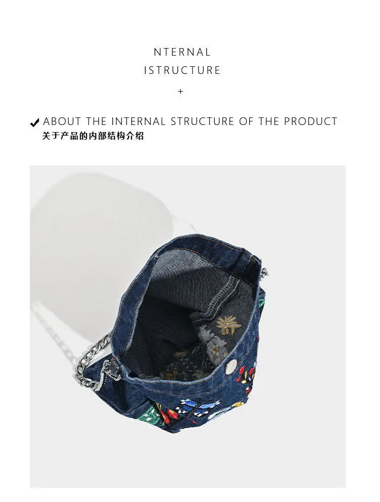 Embroidered Flowers Women Cowboy Shoulder Bag Fashion Chain Ladies Messenger Bags Denim Handbag Personality Trend Student Bag