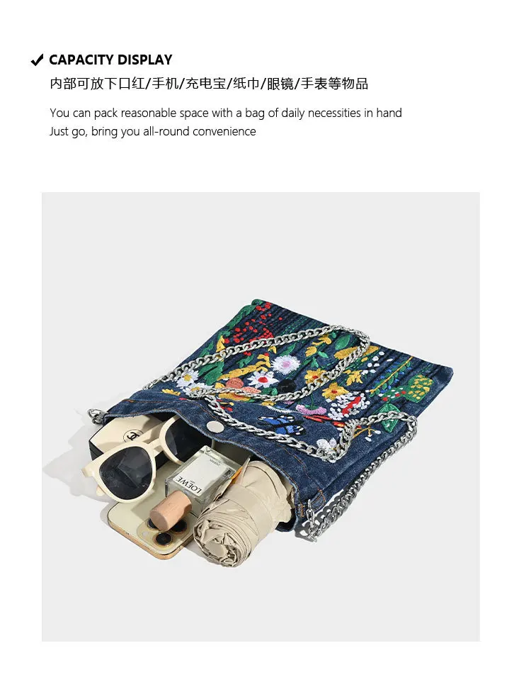 Embroidered Flowers Women Cowboy Shoulder Bag Fashion Chain Ladies Messenger Bags Denim Handbag Personality Trend Student Bag