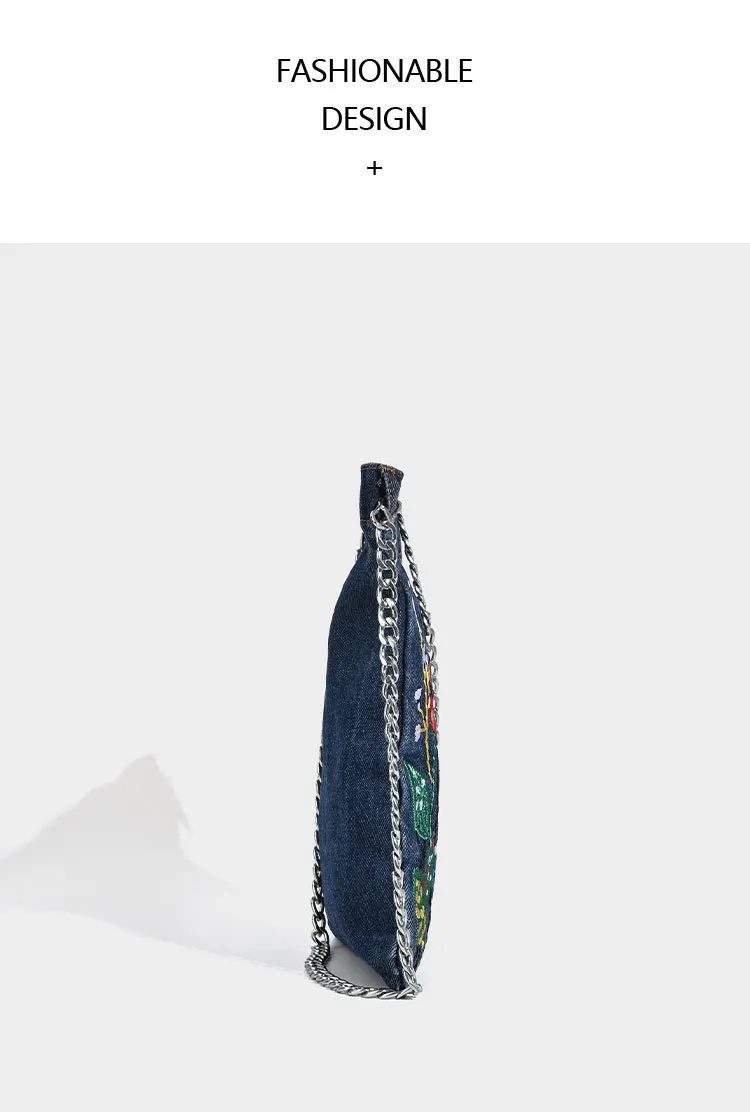 Embroidered Flowers Women Cowboy Shoulder Bag Fashion Chain Ladies Messenger Bags Denim Handbag Personality Trend Student Bag