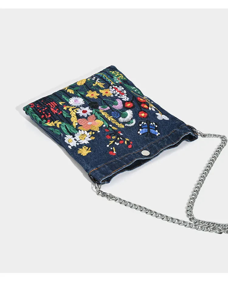 Embroidered Flowers Women Cowboy Shoulder Bag Fashion Chain Ladies Messenger Bags Denim Handbag Personality Trend Student Bag