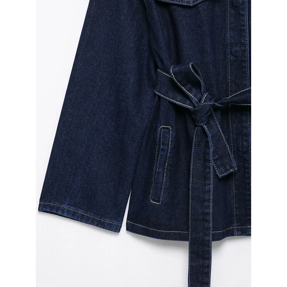 DUOPERI Women Fashion 2 Pieces Sets With Belt Denim Jackets & Vintage Front Zipper Jeans Trousers Feamle Chic Lady Pants Sets