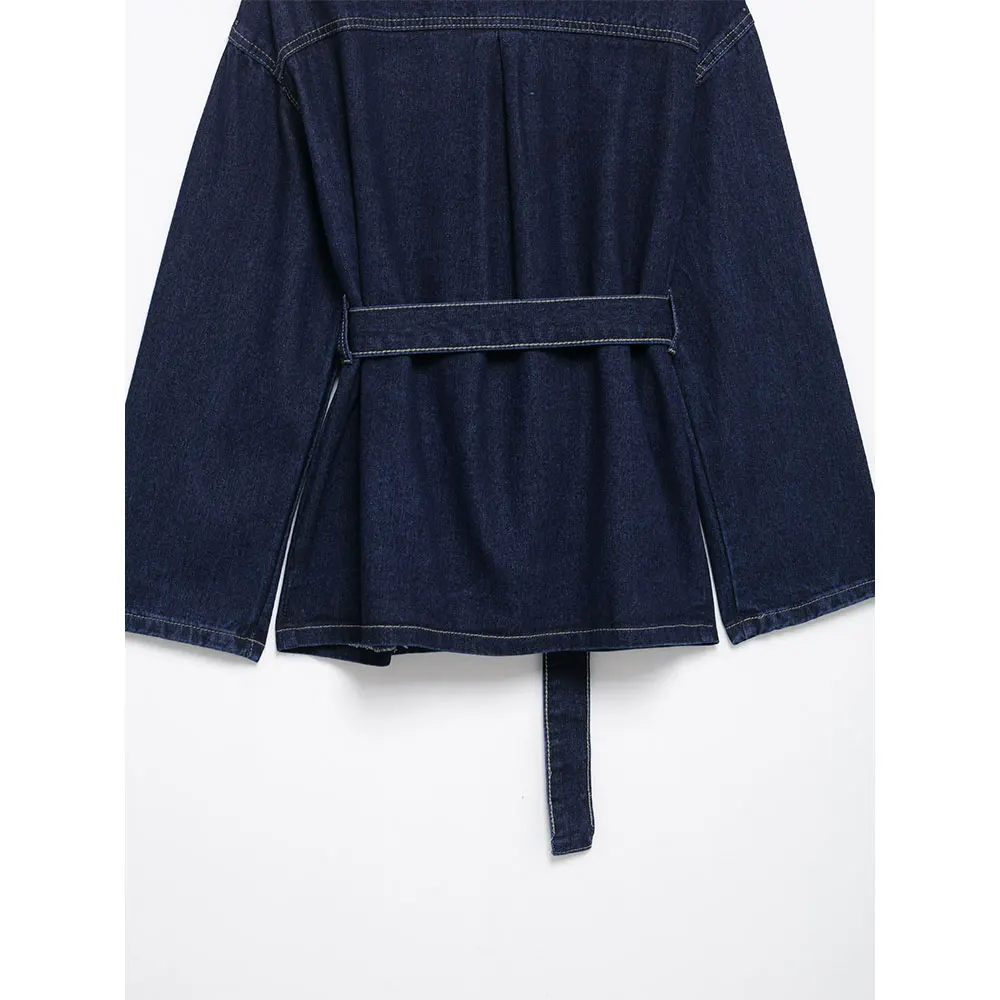 DUOPERI Women Fashion 2 Pieces Sets With Belt Denim Jackets & Vintage Front Zipper Jeans Trousers Feamle Chic Lady Pants Sets