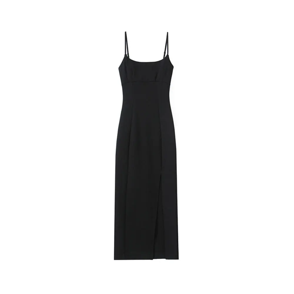 Women Fashion Front Vent Soft Strappy Midi Dress Straight Neck Thin Straps Female Dresses Vestidos Mujer