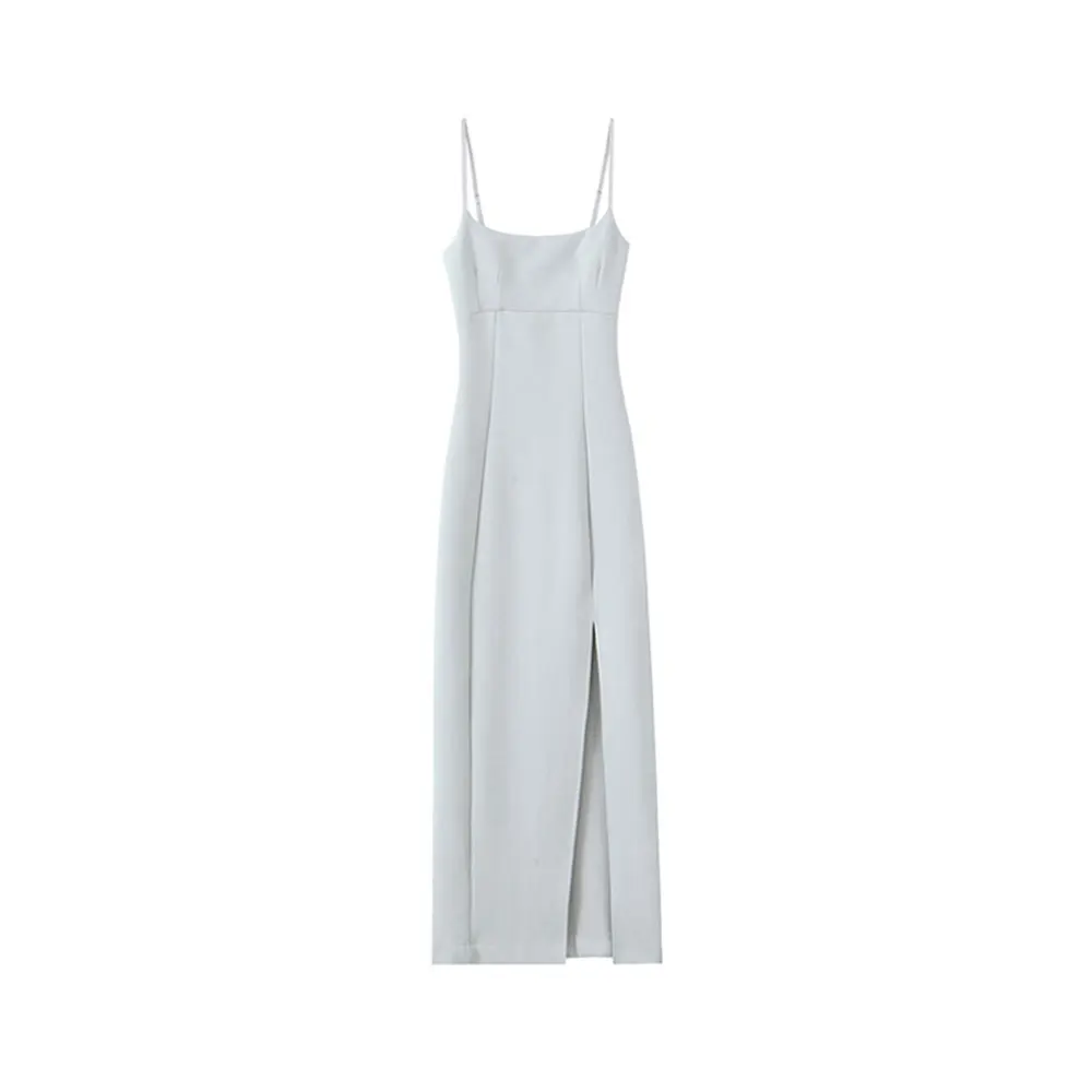 Women Fashion Front Vent Soft Strappy Midi Dress Straight Neck Thin Straps Female Dresses Vestidos Mujer