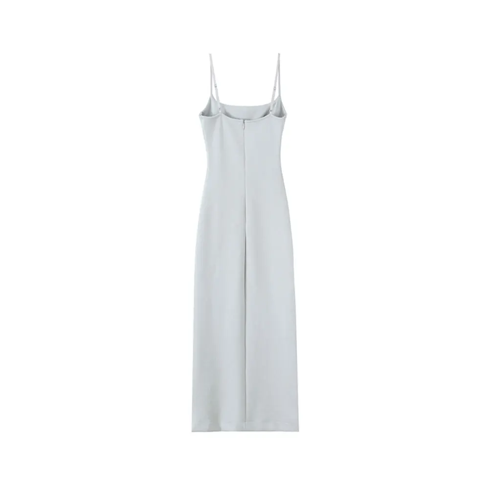 Women Fashion Front Vent Soft Strappy Midi Dress Straight Neck Thin Straps Female Dresses Vestidos Mujer