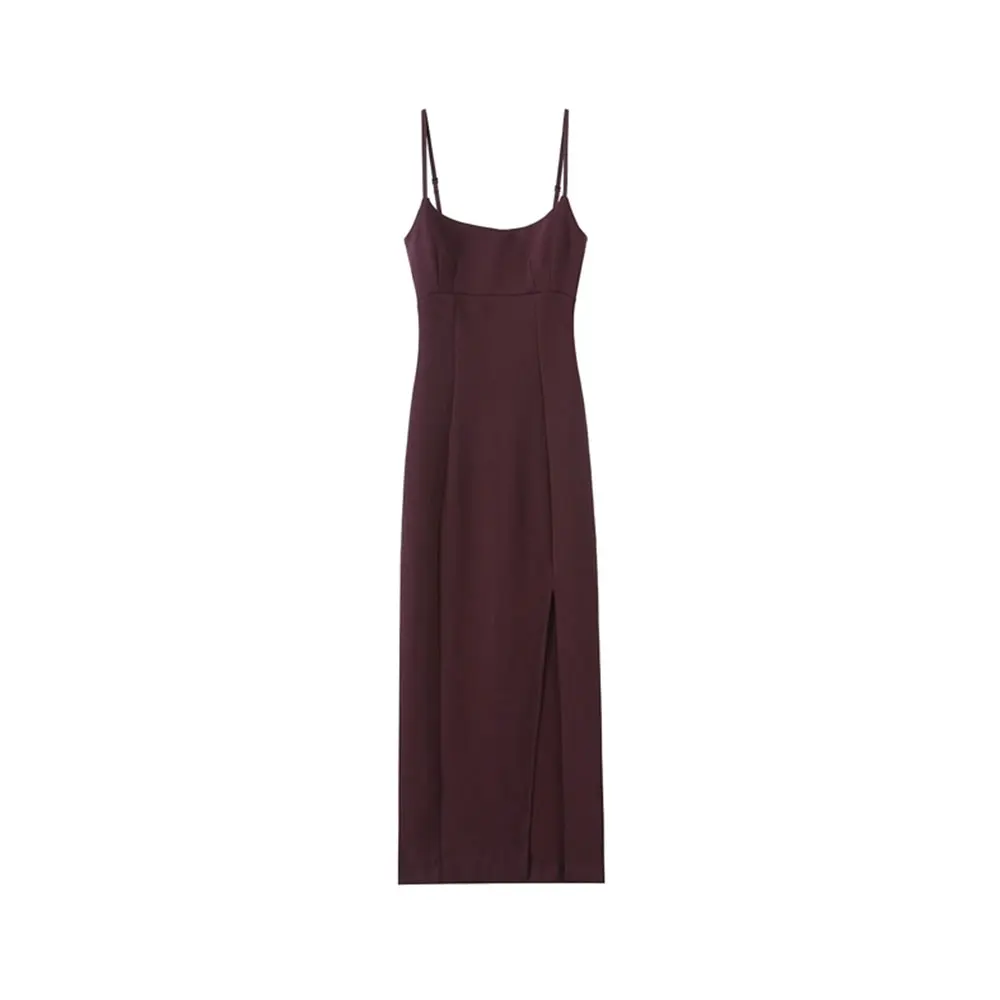 Women Fashion Front Vent Soft Strappy Midi Dress Straight Neck Thin Straps Female Dresses Vestidos Mujer