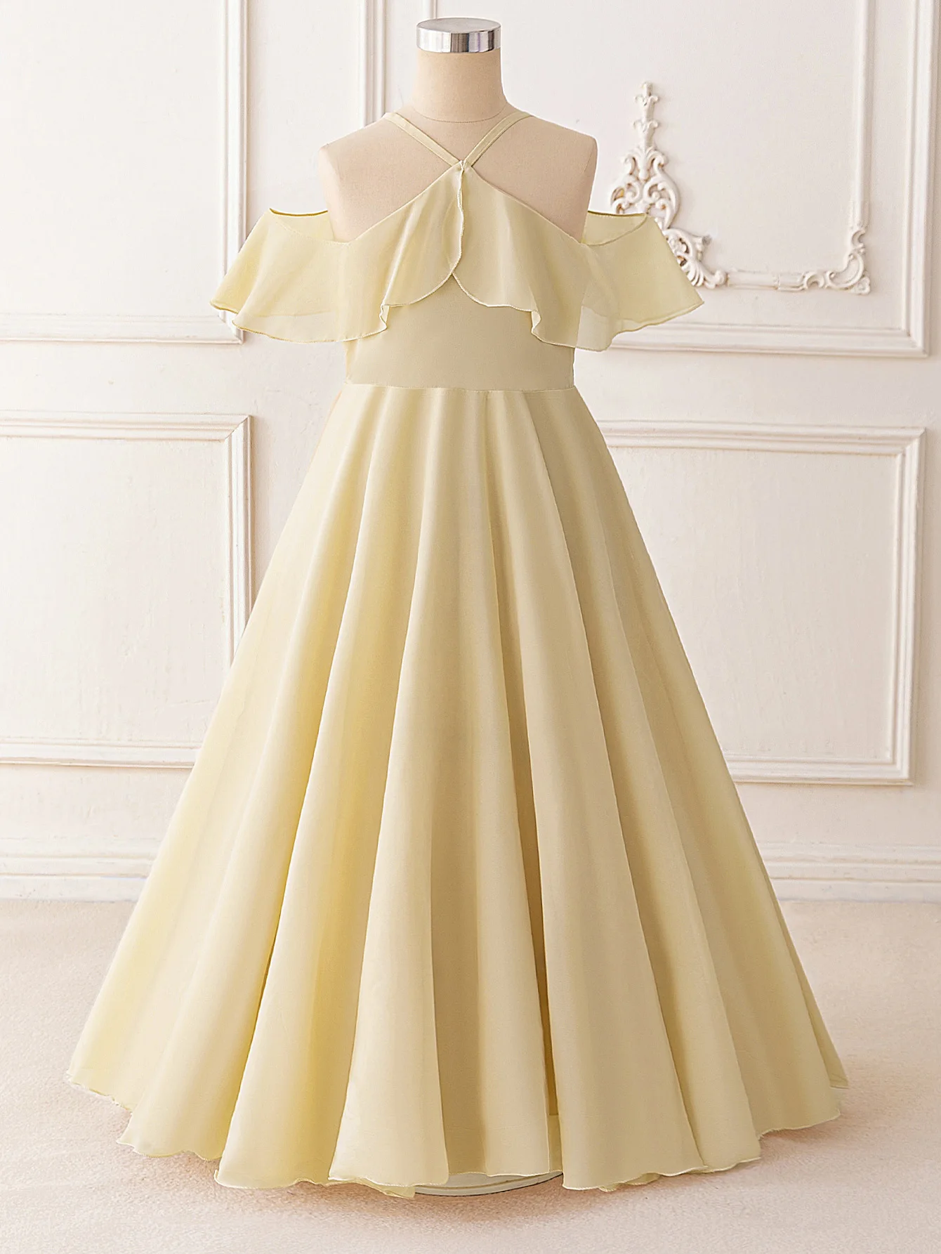 Ruffle Girls Party Bridesmaid Strap Dress off Shoulder Long Wedding Princess Prom Dresses Kids Elegant Beach Birthday Evening