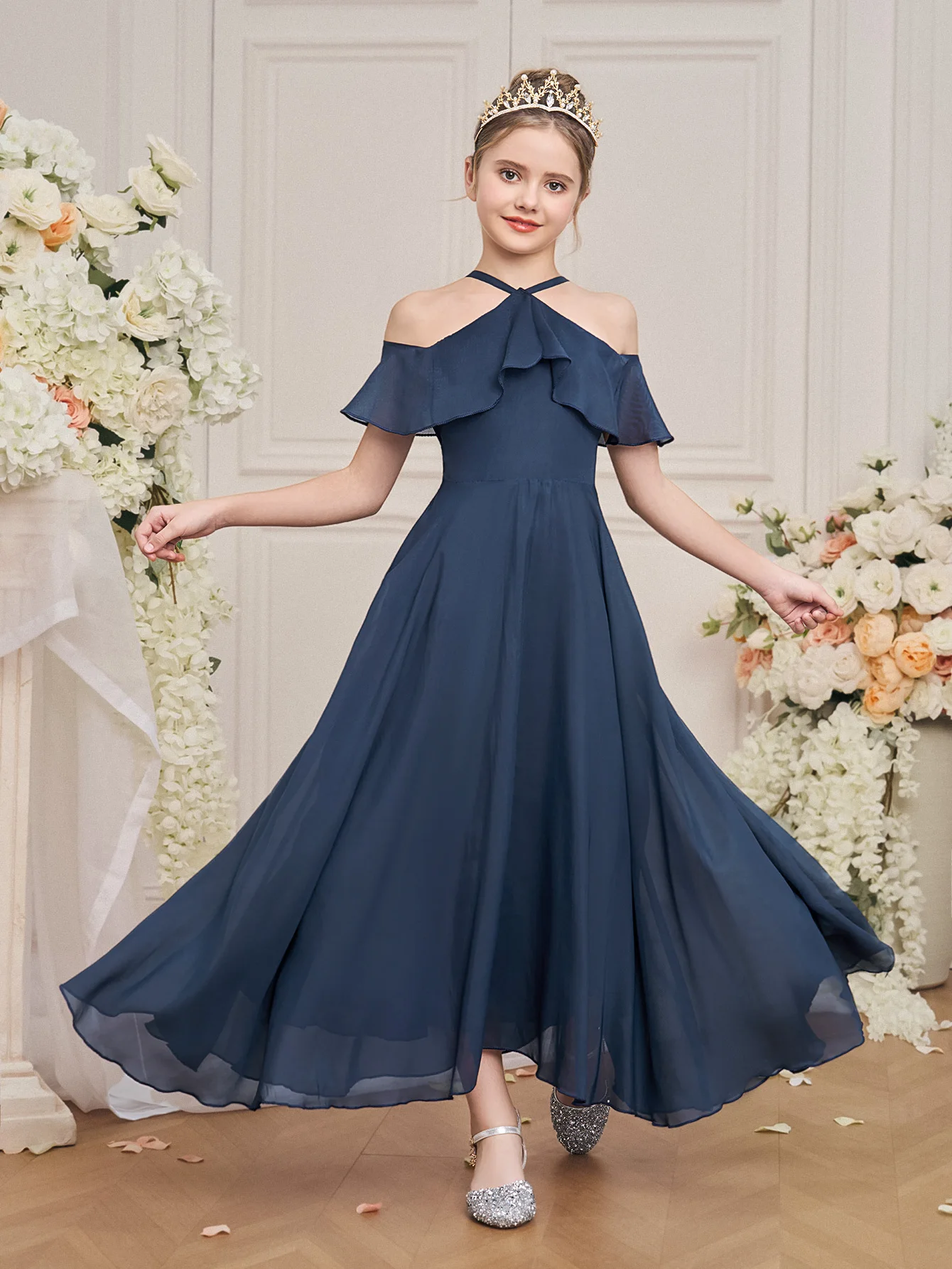 Ruffle Girls Party Bridesmaid Strap Dress off Shoulder Long Wedding Princess Prom Dresses Kids Elegant Beach Birthday Evening