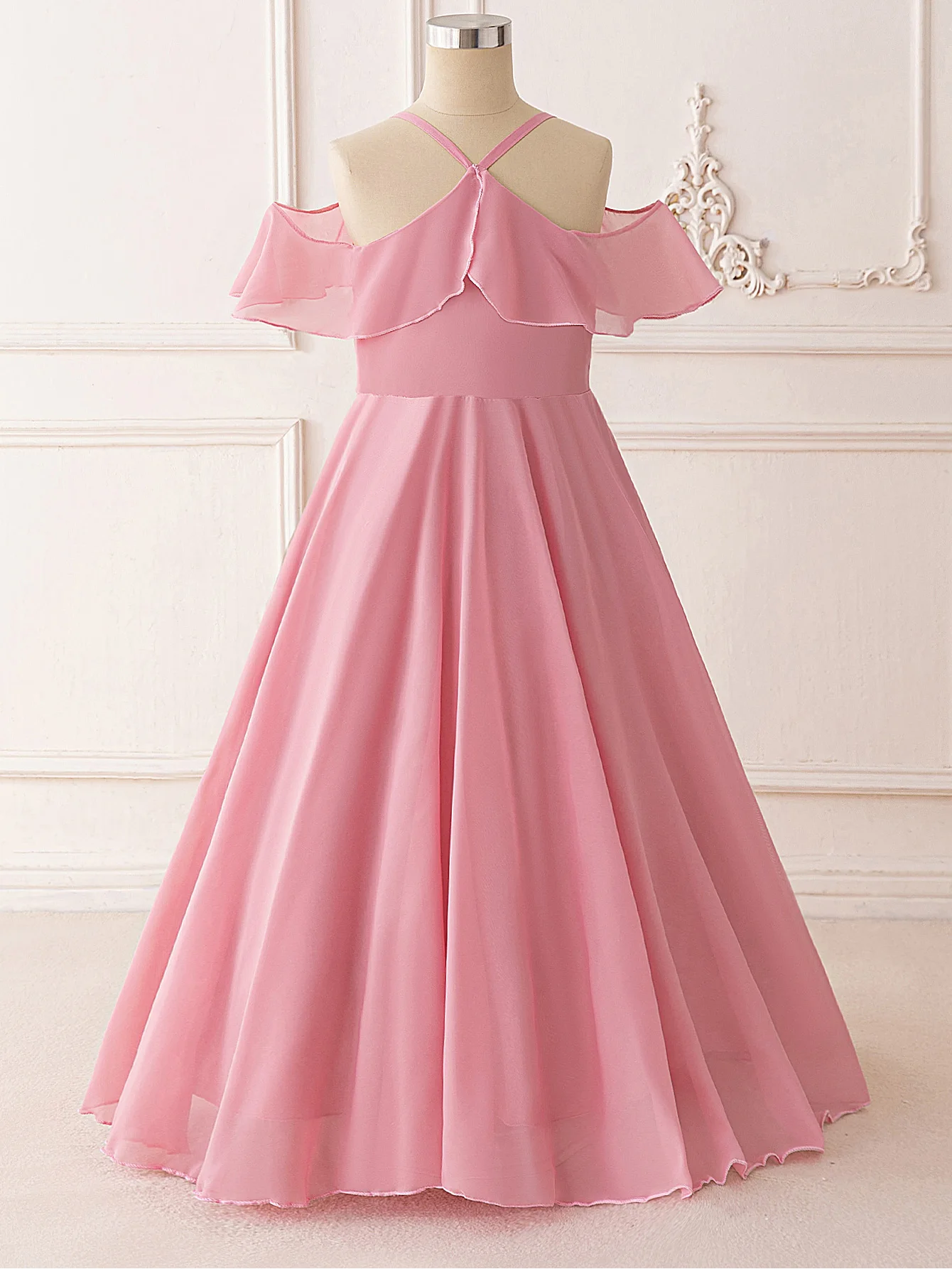Ruffle Girls Party Bridesmaid Strap Dress off Shoulder Long Wedding Princess Prom Dresses Kids Elegant Beach Birthday Evening
