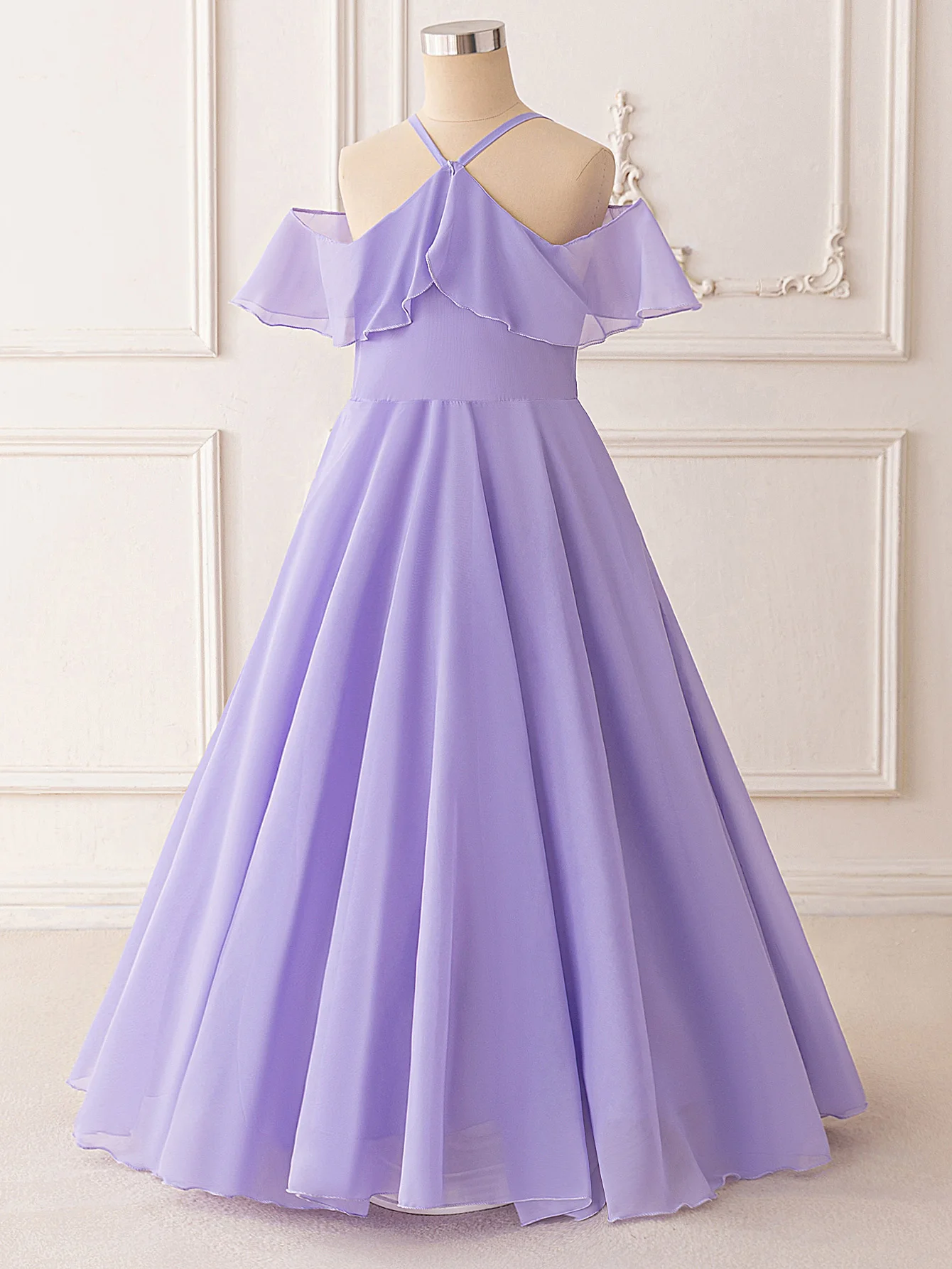 Ruffle Girls Party Bridesmaid Strap Dress off Shoulder Long Wedding Princess Prom Dresses Kids Elegant Beach Birthday Evening