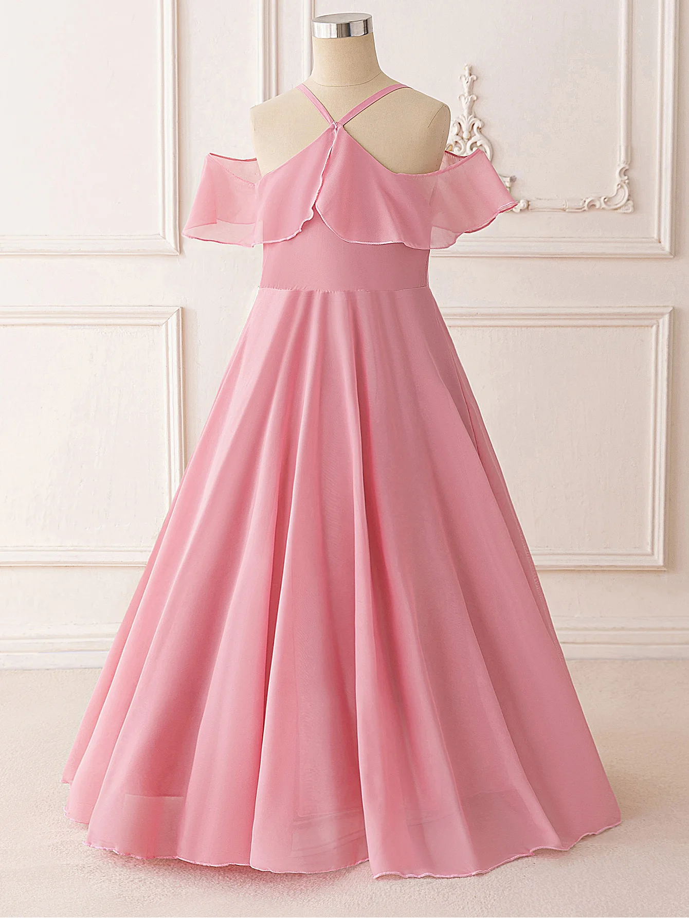 Ruffle Girls Party Bridesmaid Strap Dress off Shoulder Long Wedding Princess Prom Dresses Kids Elegant Beach Birthday Evening