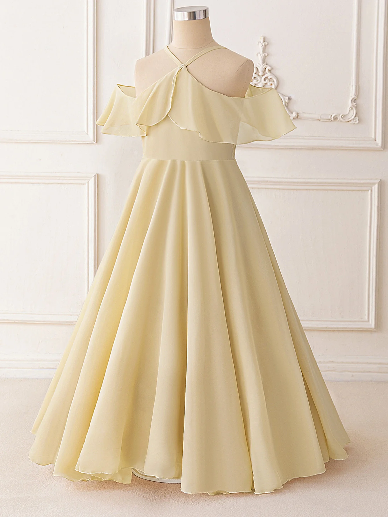 Ruffle Girls Party Bridesmaid Strap Dress off Shoulder Long Wedding Princess Prom Dresses Kids Elegant Beach Birthday Evening