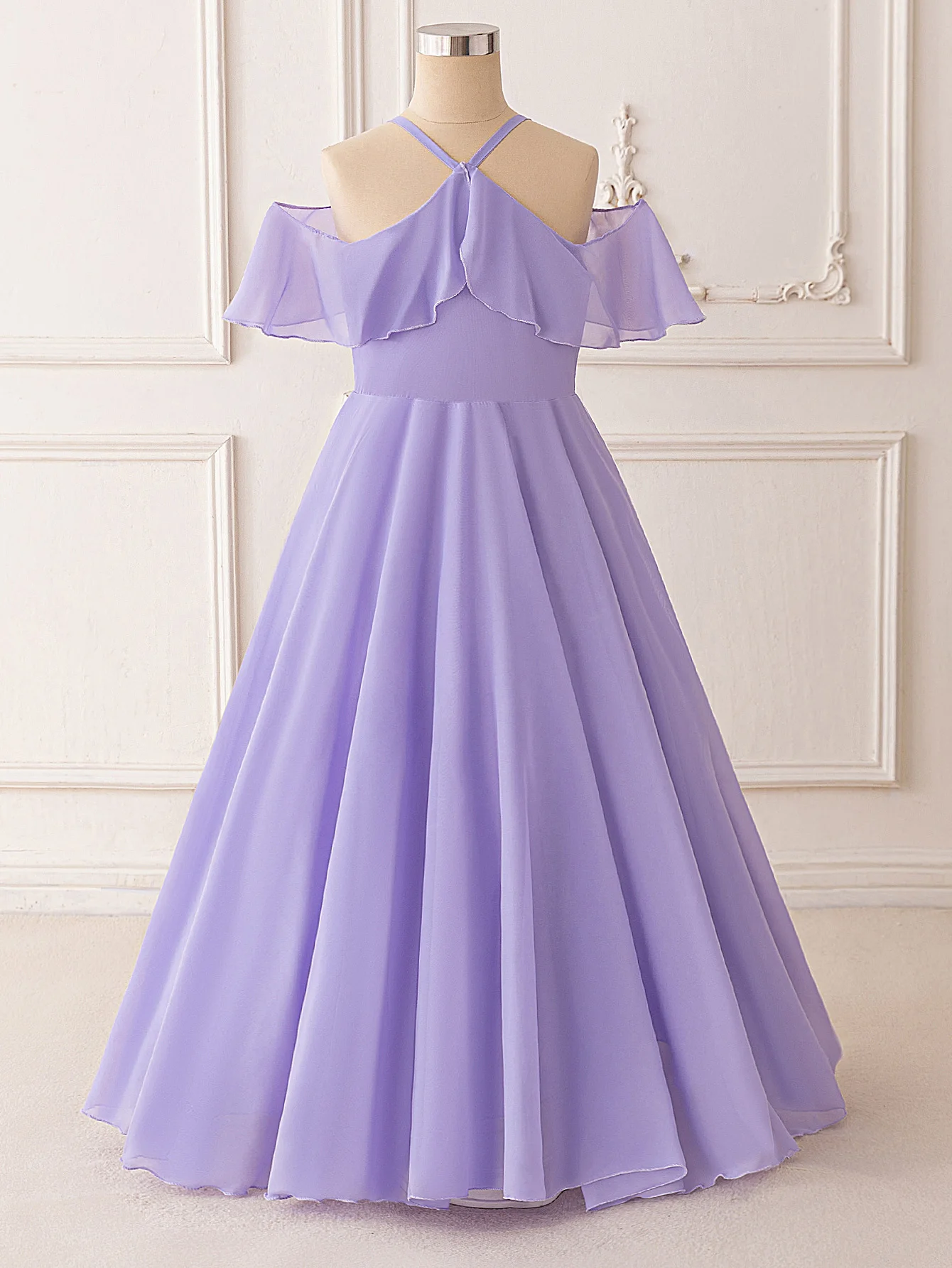 Ruffle Girls Party Bridesmaid Strap Dress off Shoulder Long Wedding Princess Prom Dresses Kids Elegant Beach Birthday Evening