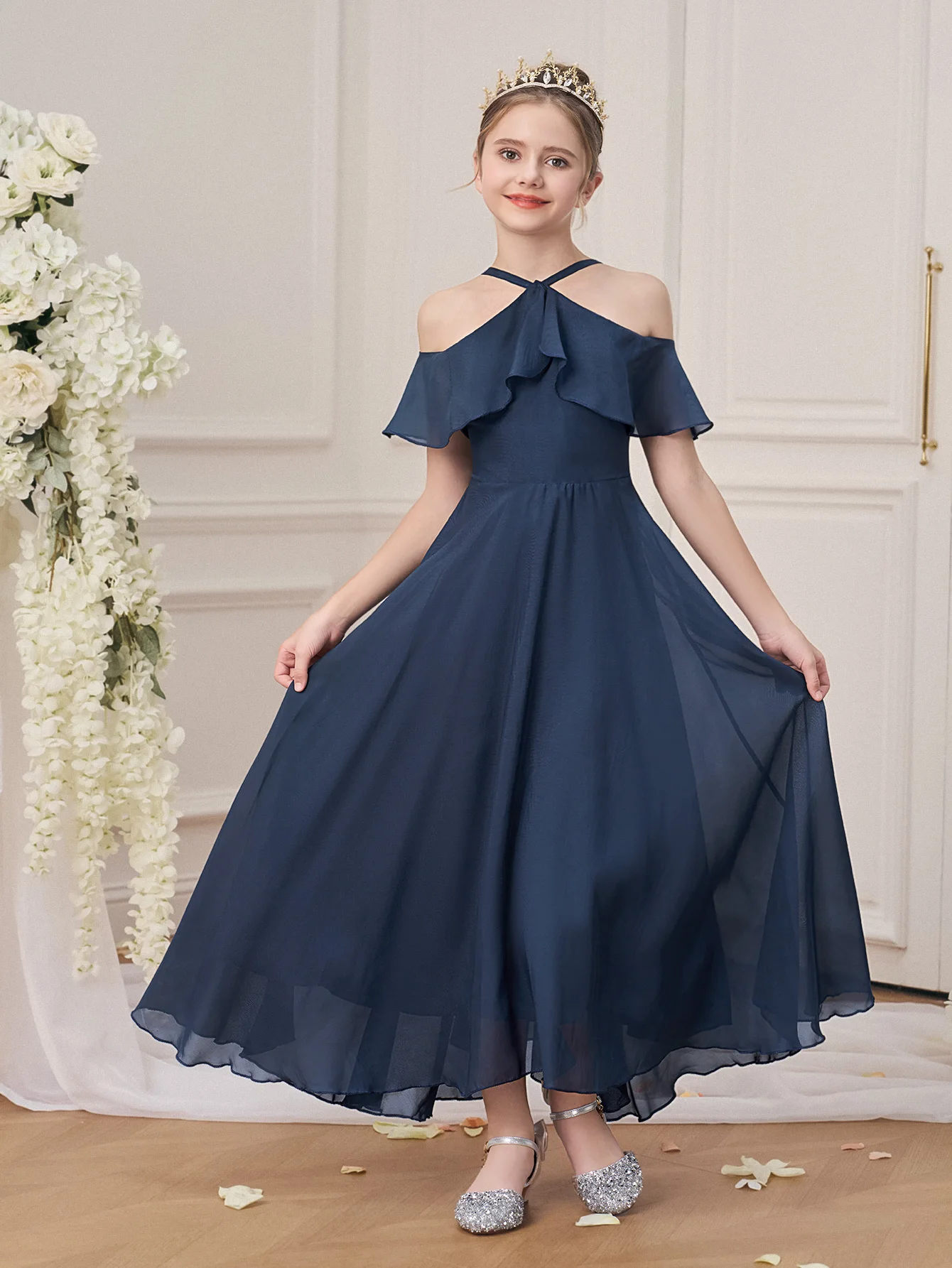Ruffle Girls Party Bridesmaid Strap Dress off Shoulder Long Wedding Princess Prom Dresses Kids Elegant Beach Birthday Evening